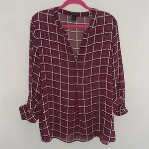 Ann Taylor Factory sheer burgundy B&W check top